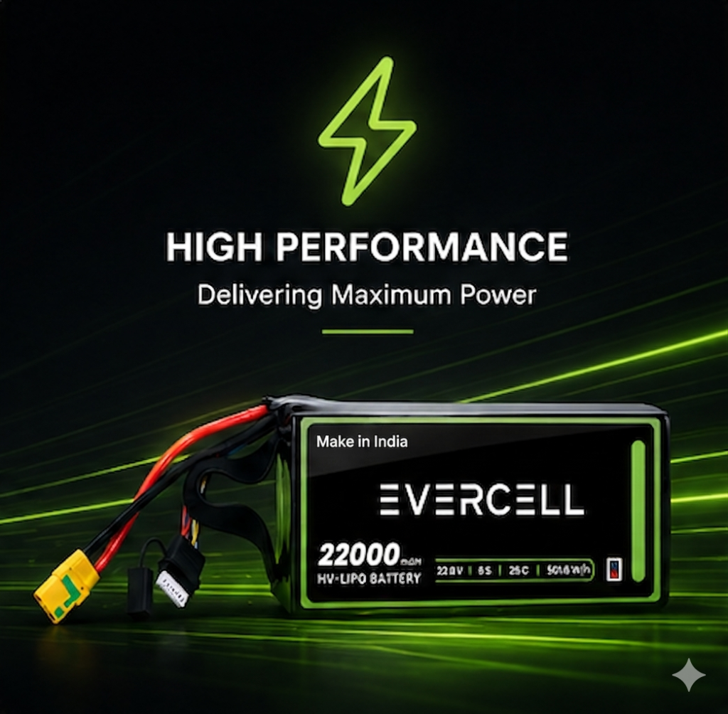 Evercell 22000mAh 6S LiPo battery specifications: 22.2V voltage, 25C discharge, 488Wh energy