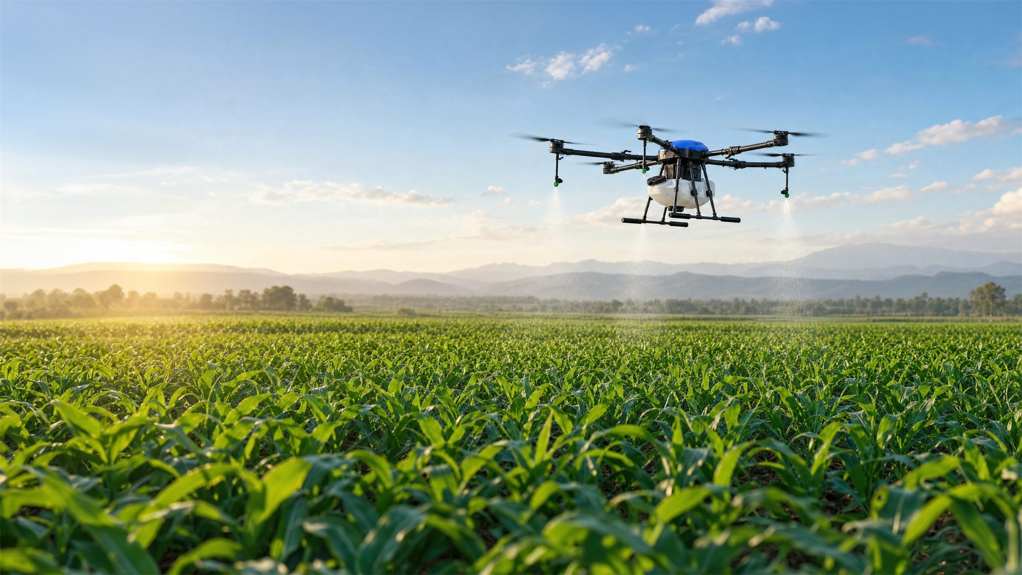 Agriculture spraying drone working over a crop field